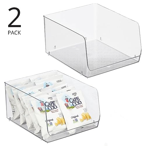 mDesign Wide Stackable Plastic Food Storage Organizer Bin Basket with Open Front for Household Kitchen Cabinets, Pantry, Offices, Closets, Bedrooms, Bathrooms - 10.2" Wide, 2 Pack - Clear - size: 12 x 10 x 6.25 (Pack of 2)
