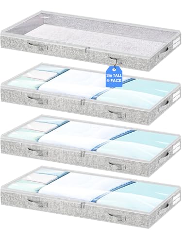 Low Profile Under Bed Storage, 3-Inch High Foldable Underbed Storage Bins with Lid & Zipper, No Structure, Super Slim Clothes Organizer for Crib Dorm Couch Low Bed, 4-Pack, Clear Top - size: 4 Pcs