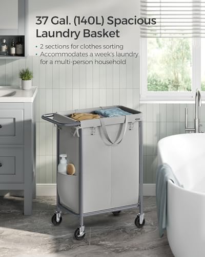 SONGMICS Laundry Basket with Wheels, Rolling Laundry Hamper, 23.8 Gallons (90 L), Removable Liner, Steel Frame with Handle, 24 x 11.4 x 31.9 Inches, Dove Gray URLS003G01 - color: Dove Gray, size: 90 L (1-Section), style: Rectangular with handle
