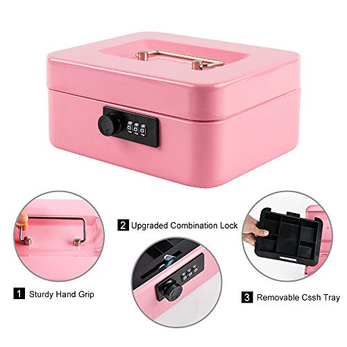 KYODOLED Medium Cash Box with Combination Lock Safe Metal Money Box with Money Tray for Security Lock Box 7.87x 6.30x 3.54Inch Pink Medium - color: Pink, size: Medium