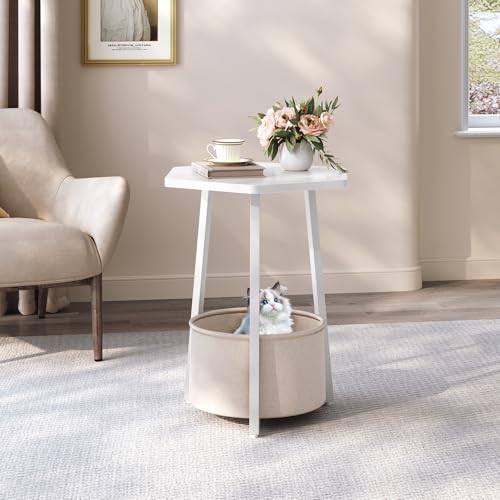 MAHANCRIS Small Side Table, Round End Table with Storage Basket, Modern Nightstand for Small Space, Hexagonal Bedside Table, Couch Side Table for Living Room, Bedroom, White ETWT9901