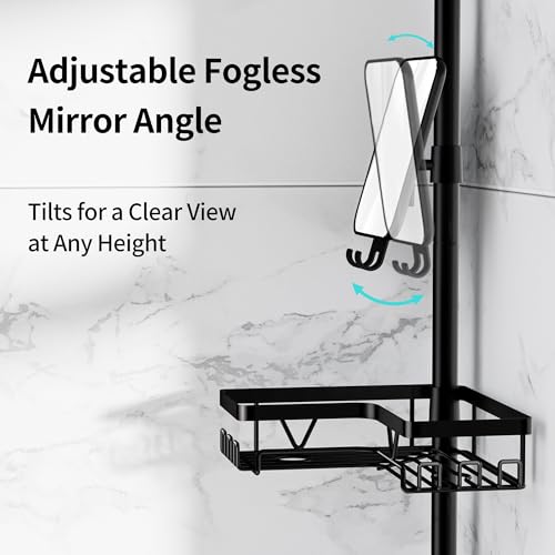 KEGII Shower Caddy Tension Pole - Adjustable Rustproof Corner Bathroom Organizer with Fogless Shower Mirror, 25–114.2 Inch No-Drill Bathroom Storage, Black - style: Tension Caddy with Mirror - Black