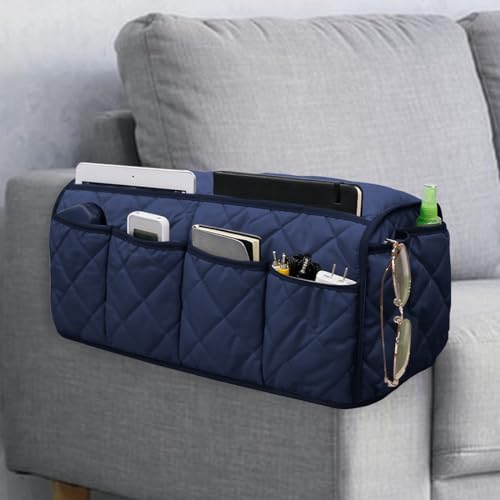 Armchair Caddy,Non Slip Sofa Armrest Organizer, Couch Armrest Remote Control Holder,Waterproof Recliner Arm Caddy with 14 Pockets for Cell Phone TV Remote Control - color: Blue