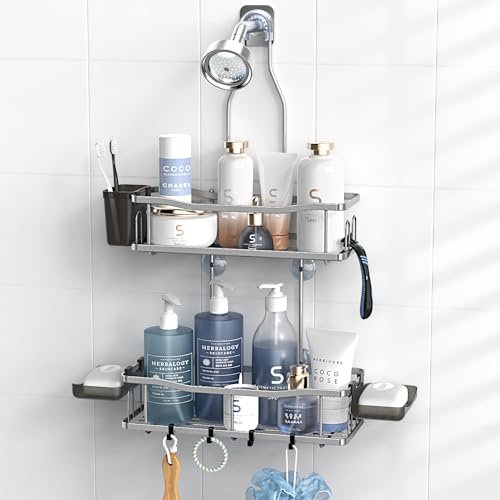 Aitatty Hanging Shower Caddy Bathroom Organizer: Rustproof Shower Shelf Racks Over Shower Head - No Drilling Inside Bath Shower Rack Shelves Over Showerhead for Shampoo with Soap Holder Silver - color: Silver