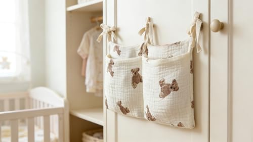 Bedside hanging bag for storing baby milk bottles and blankets - Baby diaper folding bed organizer bag - White teddy bear - color: white