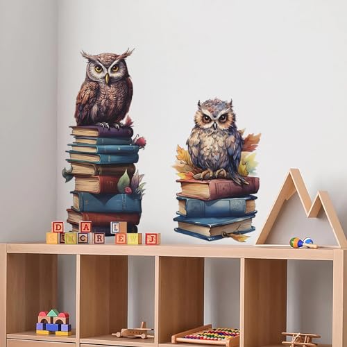 Cute Owl Books Educational Wall Stickers, sacinora Reading Corner DIY Cartoon Animal Wall Decals Removable Vinyl Peel and Stick for Kids Baby Nursery Bedroom Classroom Preschool Art Decorations