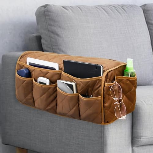 Armchair Caddy,Non Slip Sofa Armrest Organizer, Couch Armrest Remote Control Holder,Waterproof Recliner Arm Caddy with 14 Pockets for Cell Phone TV Remote Control - color: Brown