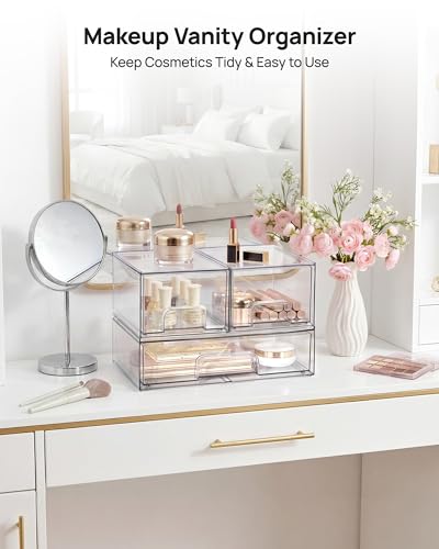 Vtopmart Stackable Storage Drawers Set of 4, Clear Plastic Organizer Bins for Bathroom Supplies,Ideal for Cabinet,Pantry,Laundry Room Organization - style: 2 Small+2 Wide