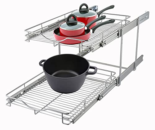 DINDON 2 Tier Pull Out Cabinet Organizer (11" W x 18" D) Heavy-Duty Metal Sliding Drawer Shelf, Two Tier Pull Out Shelves for Kitchen Cabinets, Pantry, Bathroom, Chrome Finish - size: 11'' W X 18'' D