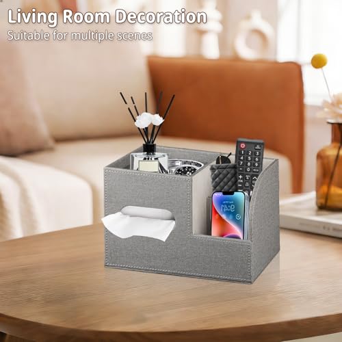 Leather Square Tissue Box Cover with Storage Tray,Cube Tissue Box Holder,Modern Facial Paper Organizer with Remote Control Holder for Bathroom,Vanity Countertop,End Table NightStand Home Office.Grey - color: Grey