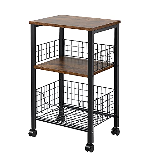 Hadulcet Small End Table, 3-Tier Side Table with Storage Basket, Industrial Style Side End Table for Living Room Bedroom Kitchen Bathroom, Rustic Brown