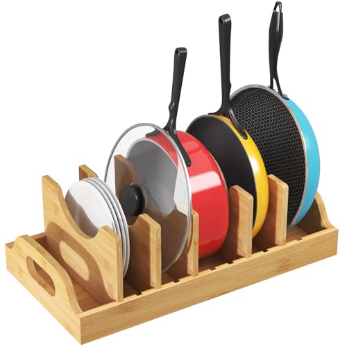 Lifewit Bamboo Pot Lid Organizers for Inside Cabinet, Pan Lid Holder with 6 adjustable Inserts & 7 Sections, Kitchen Pantry organizer and storage, Extra Large, 15.6" X 8.1"/40 x 21cm - size: Extra Large(15.6" x 8.1")