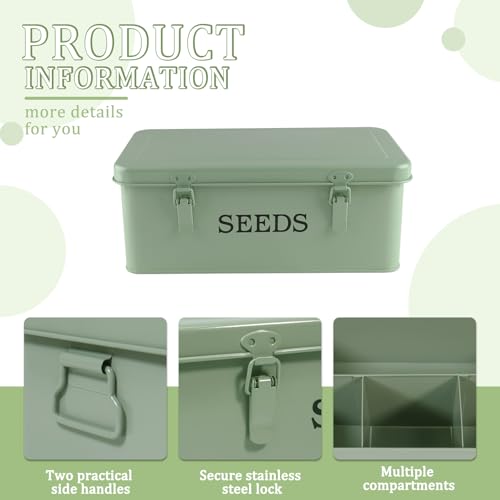 Seed Storage Organizer, 4 Compartment Seed Storage Box with Safety Lock, Metal Seed Box Seed Packet Container with 1 Pen, 12 Slots, 20 Plant Labels & 30 Seed Envelopes, Green Gardening Gift - color: Green Box with Slots