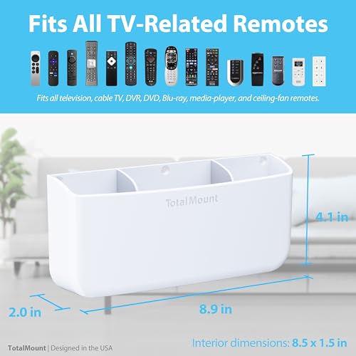 TotalMount Hole-Free Remote Holder – Eliminates Need to Drill Holes in Your Wall (Premium White Holder for 3 or 4 Remotes) - color: White