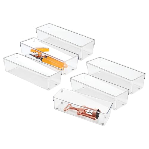 iDesign Plastic Drawer Organizer Bins - Storage for Kitchen, Bathroom, and Desk Drawers - Set of 6 - Clear - size: 4 x 12 x 3, style: Pack of 6