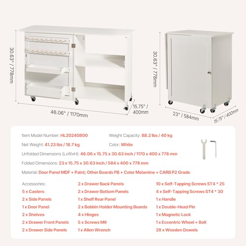 VEVOR Folding Sewing Table, Multipurpose Sewing Machine Table with Compact Design, Wheels, Shelves, Storage Trays, Wooden Pegs, and Magnetic Doors, Sewing Desk Cabinet for Sewing Machine, White - size: White w/o Cabinet
