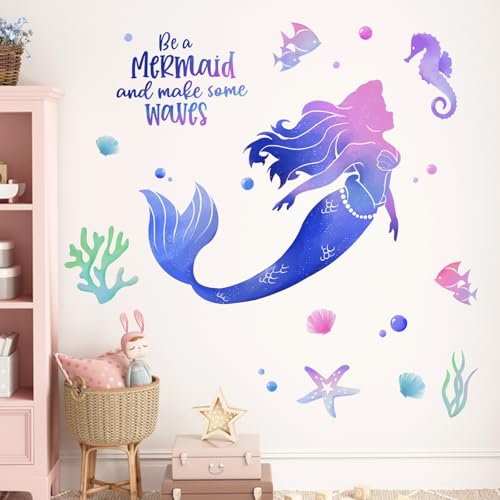 Yovkky Be a Mermaid Gradient Wall Decals Stickers, Under The Sea Ocean Creatures Starfish Seahorse Baby Nursery Decor, Beach Coastal Coral Conch Fish Bubble Home Decorations Girls Bedroom Playroom Art