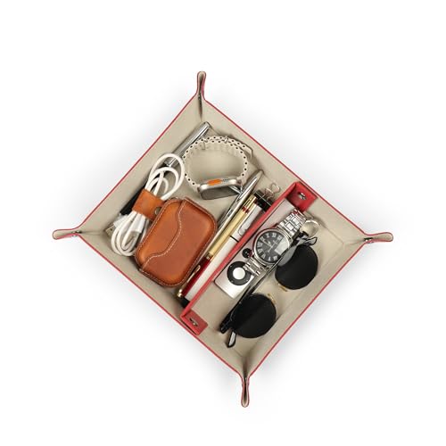 Londo Leather Tray Organizer - Practical Lightweight Water Resistant Computer Table Desk Storage Box for Wallets, Watches, Keys, Coins, Cell Phones and Office Equipment - color: Red