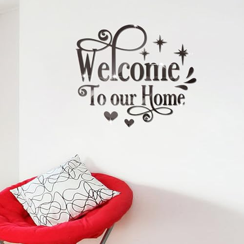 INCAUCA Welcome to Our Home Wall Decor Sticker, Home Acrylic 3D Mirror Wall Decal, Removable Art Letter Sign, Wall Door Quote Decoration DIY for Living Room Bedroom Sofa TV Background (Silver)