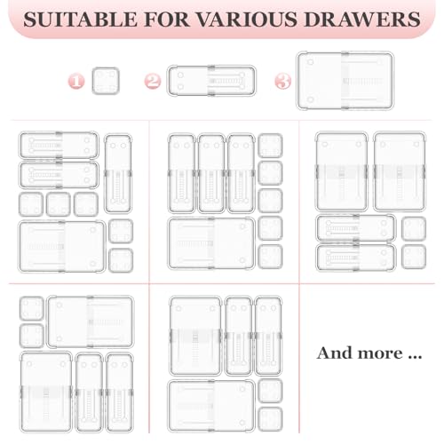DILIBRA 16 Pcs Clear Extendable Drawer Organizer, Adjustable Drawer Storage 3-Size Desk Drawer Organizer, Plastic Non-Slip Storage Bins for Makeup, Cosmetic, Jewelries, Utensils, Stationery, Dressers - size: 3Pcs Large + 5Pcs Medium + 8Pcs Small