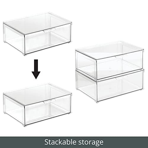 mDesign Plastic Stackable Bathroom Storage Organizer Bin Containers with Front Pull Drawer for Bathroom Countertop, Vanity, Closet Shelves - Holder for Accessories - Lumiere Collection, 2 Pack, Clear - size: 16 x 12 x 6 (Pack of 2)