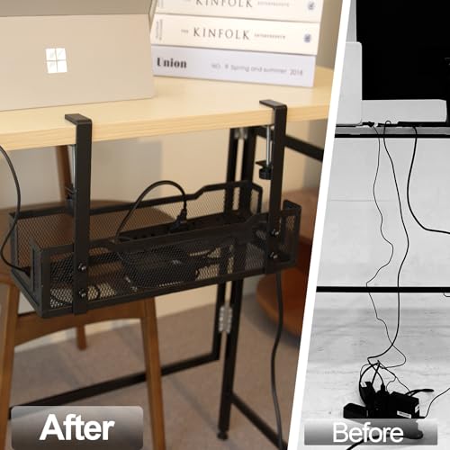 No Drill Under Desk Cable Management Tray with clamp-Premium Wire Tray Cord Organizer – Thin Steel Cable Tray Basket with Charger Holder for Desk–Black Cable Management Box–Easy to Install
