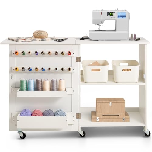 VEVOR Folding Sewing Table, Multipurpose Sewing Machine Table with Compact Design, Wheels, Shelves, Storage Trays, Wooden Pegs, and Magnetic Doors, Sewing Desk Cabinet for Sewing Machine, White - size: White w/o Cabinet