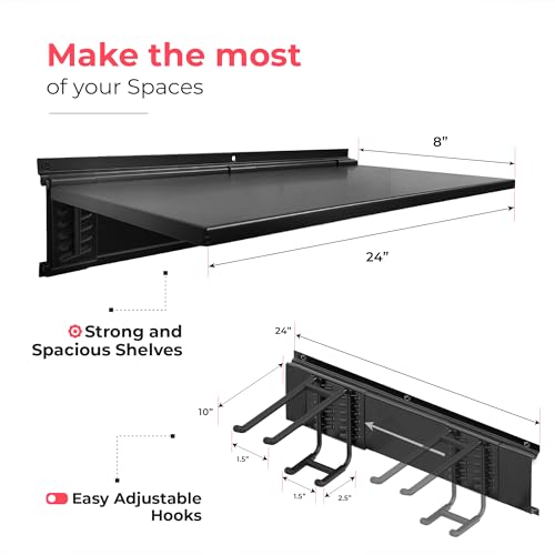 TIDYME Heavy-Duty Garage Wall Storage System | Wall Mounted Tool Organizer Rack with Shelving | 12-Piece Mounting Kit | 6x10” Double-Layered Hooks & 2x24” Floating Utility Shelves - size: 96" (2 Shelves)