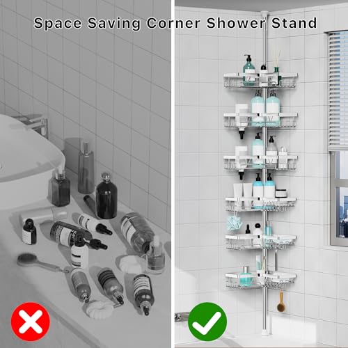 KEGII Corner Shower Caddy Tension Pole, Adjustable Shower Tension Rod Organizer, Floor to Ceiling Shower Caddy 25-114.2 inch, Silver - style: Tension Caddy 6 Pack-Brushed Silver