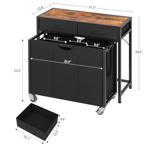 Laundry Sorter, Rolling Laundry Hamper with 3 Section Pull-Out Bags, Laundry Basket Organizer with 2 Drawers & 2-Tone Top Panel, Laundry Hamper with Wheels for Laundry Room Organization, Bathroom - size: 120 L with 3 Section