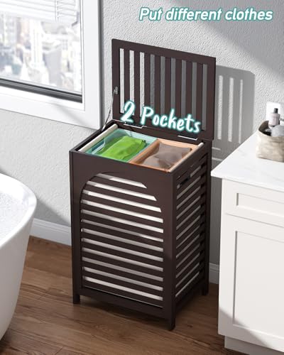 Laundry Hamper, 22.5 Gallon (85L) Bamboo Wood Clothes Laundry Basket with Lid and Handles, Removable Liner (Brown, Large) - color: Brown, size: Large