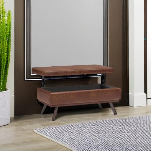 SIMPLIHOME Owen Lift Top Coffee Table Storage Ottoman - 42 inch Wide Upholstered Vegan Leather Rectangular Lift-Top Ottoman in Distressed Saddle Brown, Mid-Century Modern Ottoman for Living Room