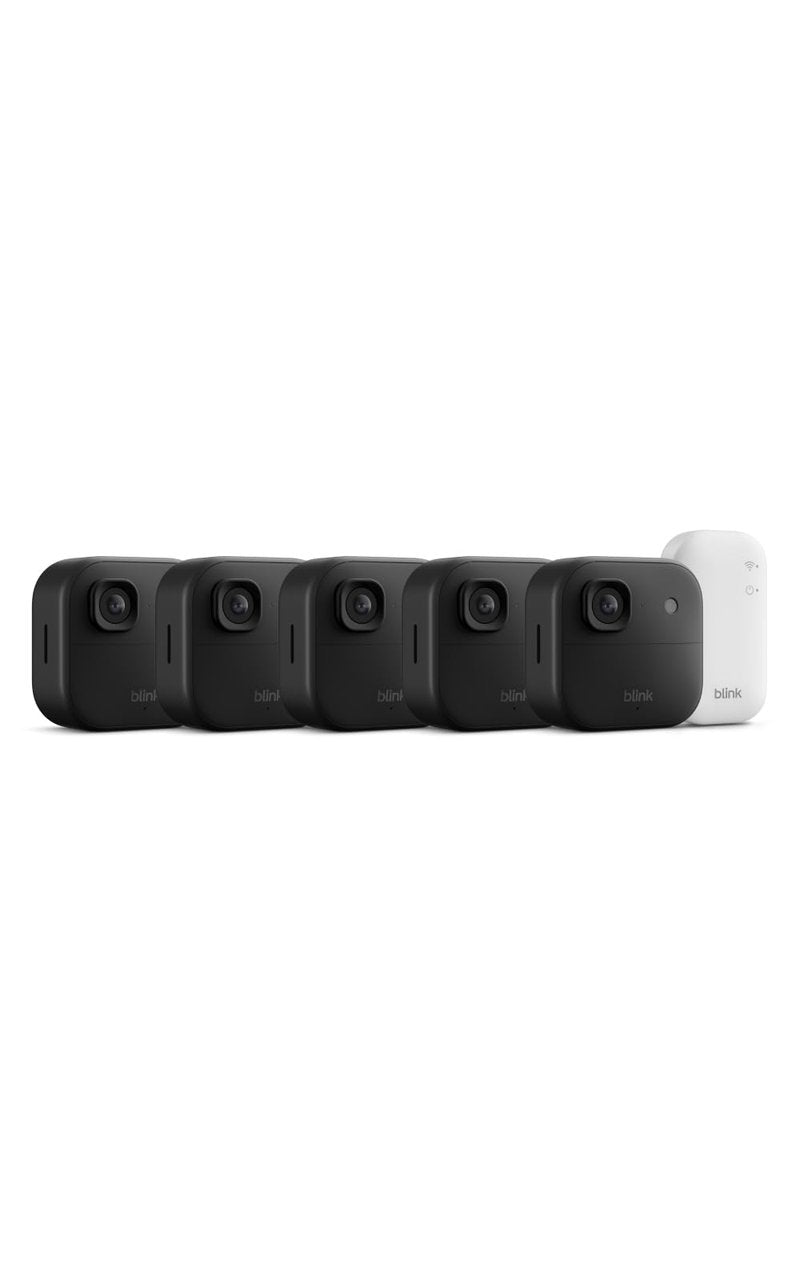 Blink Outdoor 2K+ (newest model) with 1-Year Plus plan — 2K video resolution, Color Vision in low light, and noise cancellation. Sync Module included — 5 camera system (Black)