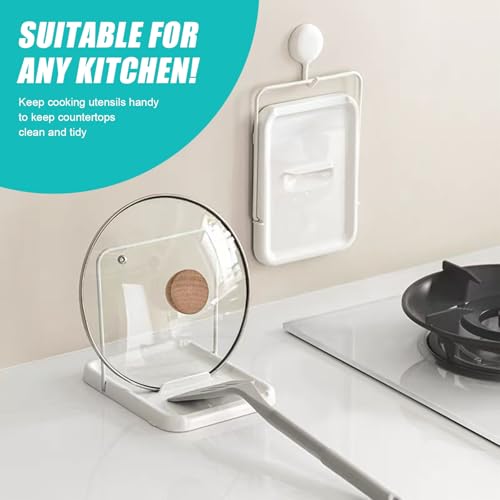 Pot Lid Holder with Spoon Rest for Stove Top and Kitchen Counter, Foldable Pot Lid Organizer with Non-Slip Pads for Lids, Spoons and Spatulas, White
