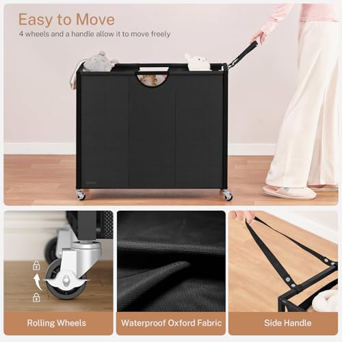 Laundry Sorter 3 Section with Tabletop & 2 Drawers, Rolling Laundry Hamper with Pull-Out and Removable Bags, Laundry Basket Organizer with Wheels and Shelf, Metal Frame Rustic Brown for Laundry Room - size: 155 L
