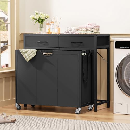 Laundry Sorter, Rolling Laundry Hamper with 3 Section Pull-Out Bags, Laundry Basket Organizer with 2 Drawers & 2-Tone Top Panel, Laundry Hamper with Wheels for Laundry Room Organization, Bathroom - size: 120 L with 3 Section