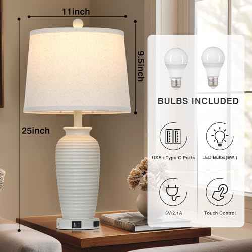 25" Vintage Farmhouse Jar Table Lamps, Single Rustic Bedside Lamp with USB A+C Ports & AC Outlet, Nightstand Lamps for Living Room, Bedroom, End Table, Cream(LED Bulb Included)