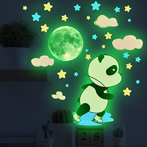Glow in The Dark Panda Wall Stickers,38 Pcs Fluorescence Animal Star Moon Cloud Decals Girls Baby Kids Bedroom Nursery Classroom Luminous Wall Decorations