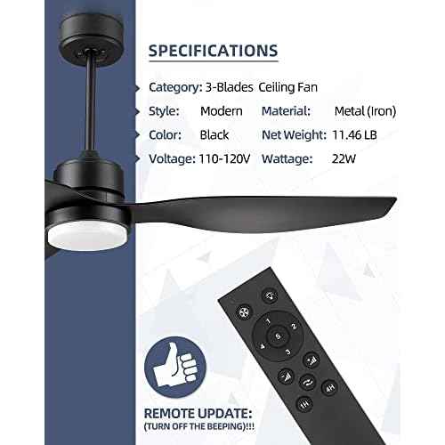 YOUKAIN 52 Inch Indoor/Outdoor Modern Ceiling Fan with Lights and Remote Control, Reversible Blades, for Living room, Bedroom, Bathroom, Matte Black, 52-YJ359-BK