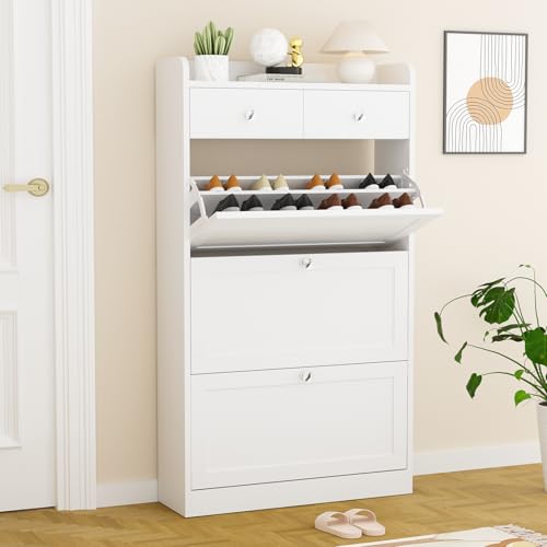 VOWNER Shoe Cabinet with 3 Flip Drawers & 2 Drawers, Freestanding Shoe Storage Cabinet with Adjustable Shelves, Shoe Organizer for Entryway, Hallway, Living Room, White