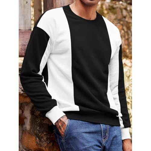 Runcati Mens Color Block Sweatshirt Pullover Crewneck Long Sleeve Fleece Casual Ribbed Patchwork Fall Tops