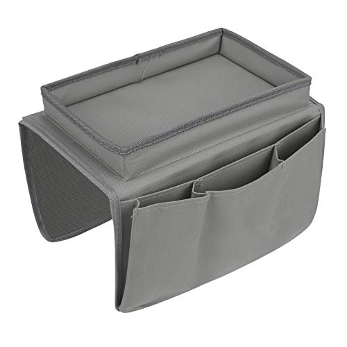 IPENNY Couch Sofa Armrest Organiser with Cup Holder Tray Chair TV Remote Holder Bedside Storage Pocket Bag for Cellphone Tablet Notepad Book Magazines DVD Eyewears Drinker Snacks Pouch - color: Grey (With Top Tray)