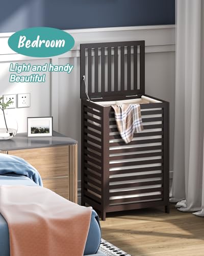 Laundry Hamper, 22.5 Gallon (85L) Bamboo Wood Clothes Laundry Basket with Lid and Handles, Removable Liner (Brown, Large) - color: Brown, size: Large