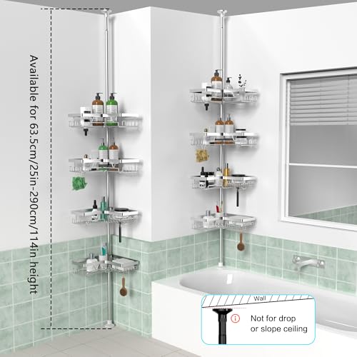 KEGII SUS304 Corner Shower Organizer, Stainless Steel Tension Pole Corner Bathroom Caddy, No Drilling Required Adjustable Shower Shelf for Inside Showers, Silver - style: Tension Caddy - Silver