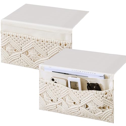 JaGely 2 Pcs 17.3 x 13 Inch Macrame Bedside Caddy Storage Organizer Hanging Boho Remote Control Holder Bedside Storage Basket for Home Couch Tablet Magazine Holder for TV Remote Control Living Room