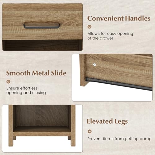 Giantex Farmhouse Nightstand, Wooden Bedside Table with Storage Drawer & Open Shelf, End Side Table, Rustic Night Stand for Small Space Bedroom & Home Office, Natural