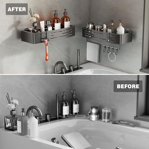 Voldra Shower Caddy Suction Cup, 1 Pack Shower Shelves for Inside Shower No Drilling, Aluminum Suction Showers Organizer with Towel Bar & Hooks Removable Bathroom Shelf Storage Rack(Gray) - style: Suction Cup Rectangle-1 Pack