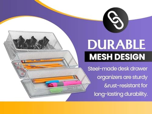 YBM HOME Silver Mesh Drawer Cabinet and or Shelf Organizer Bins, School Supply Holder Office Desktop Organizer Basket (1, 3x15x2 Inch) - size: 3x15x2 Inch