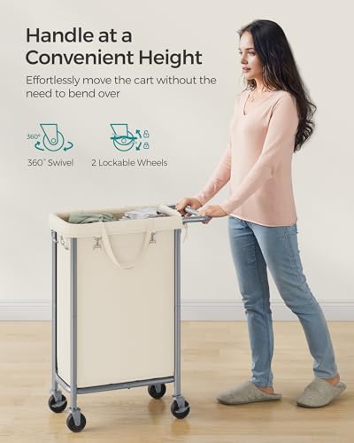 SONGMICS Laundry Basket with Wheels, Rolling Laundry Hamper, 23.8 Gallons (90 L), Removable Liner, Steel Frame with Handle, 24 x 11.4 x 31.9 Inches, Cream White URLS003W01 - color: Cream White, size: 90 L (1-Section), style: Rectangular with handle