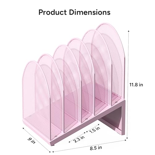 5-Section Desk File Organizer, Metal Mesh Folder Organizer for Documents, Mail & Office Papers (Pink) - color: Pink